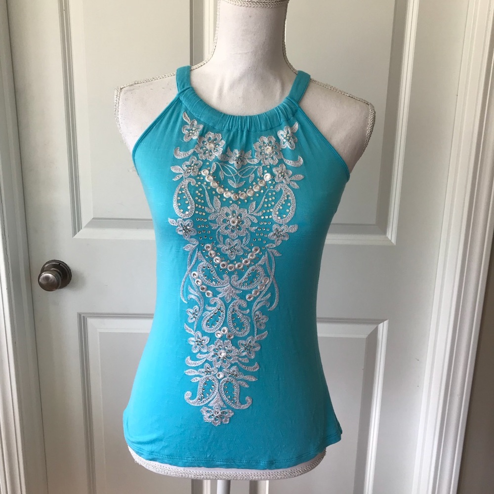 INC International Concepts Blue Embroidered Tank Top